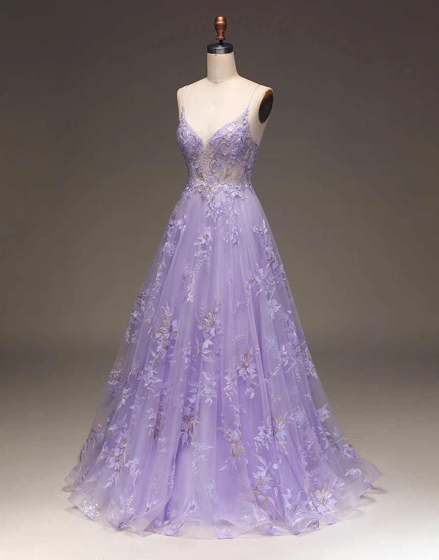 A Line Spaghetti Straps V Neck Prom Dress With Appliques