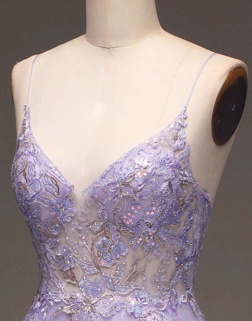 A Line Spaghetti Straps V Neck Prom Dress With Appliques