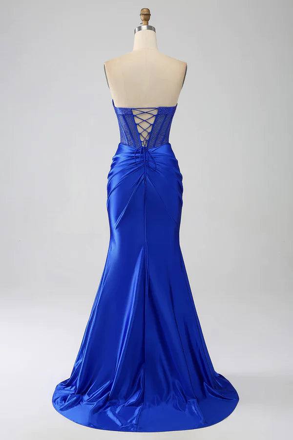 Mermaid Strapless Royal Blue Corset Prom Dress with Beading Sexy Evening Dress