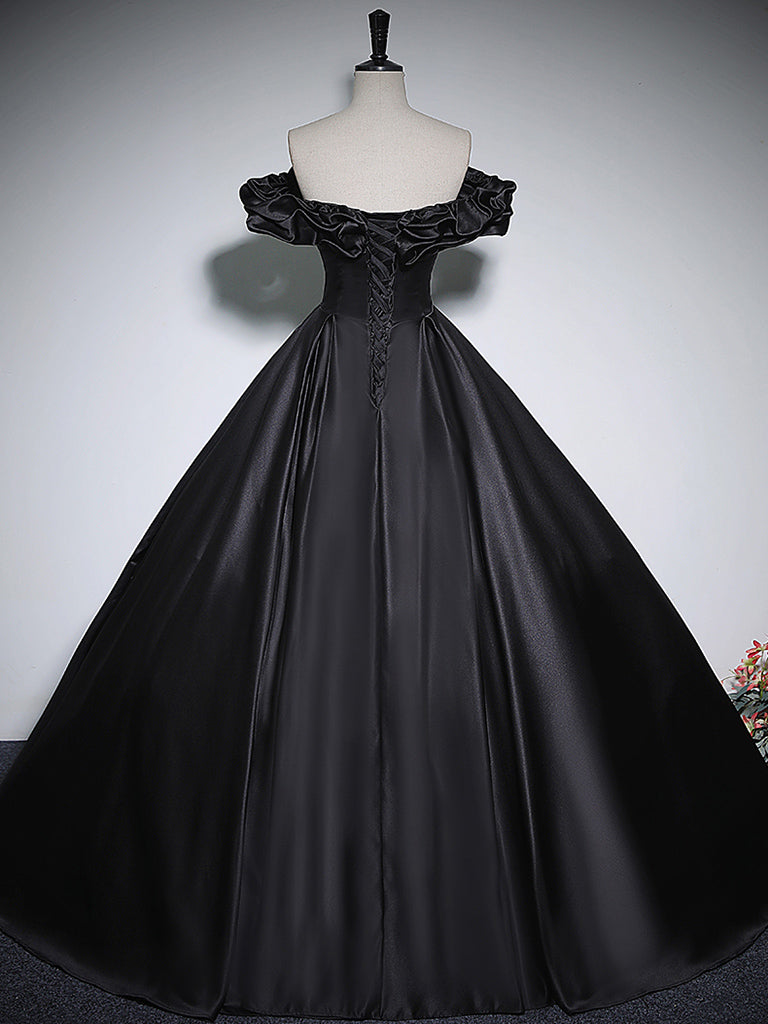 Black A-Line Off Shoulder Satin Long Prom Dress Formal Dress Elegant Evening Dress
