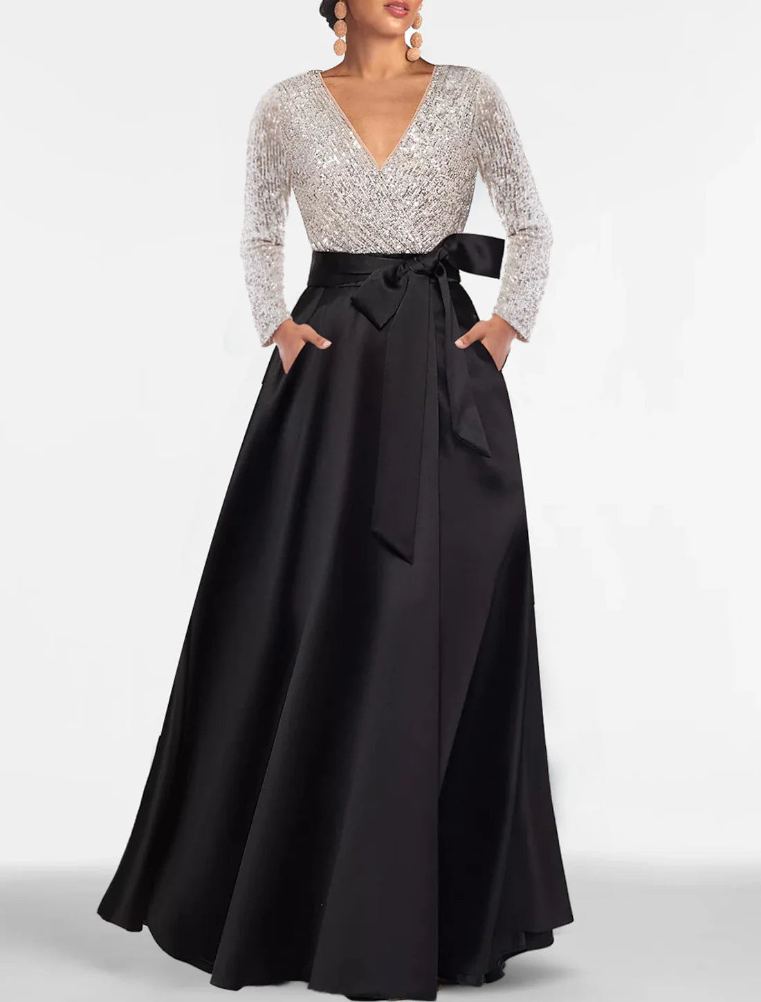 A-Line Evening Gown Elegant Dress Formal Floor Length Long Sleeve V Neck Fall Wedding Guest Satin with Sequin Pocket Sparkly
