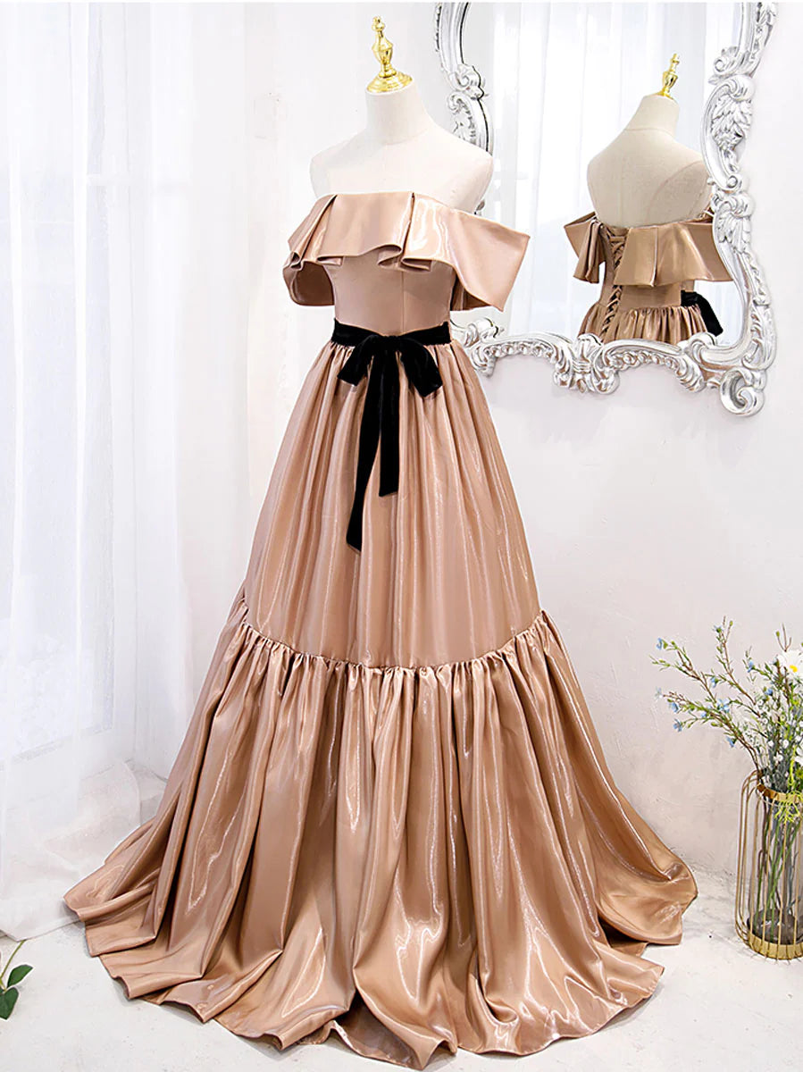 Simple champagne off shoulder long prom dress bridesmaid dress Elegant Evening Dress