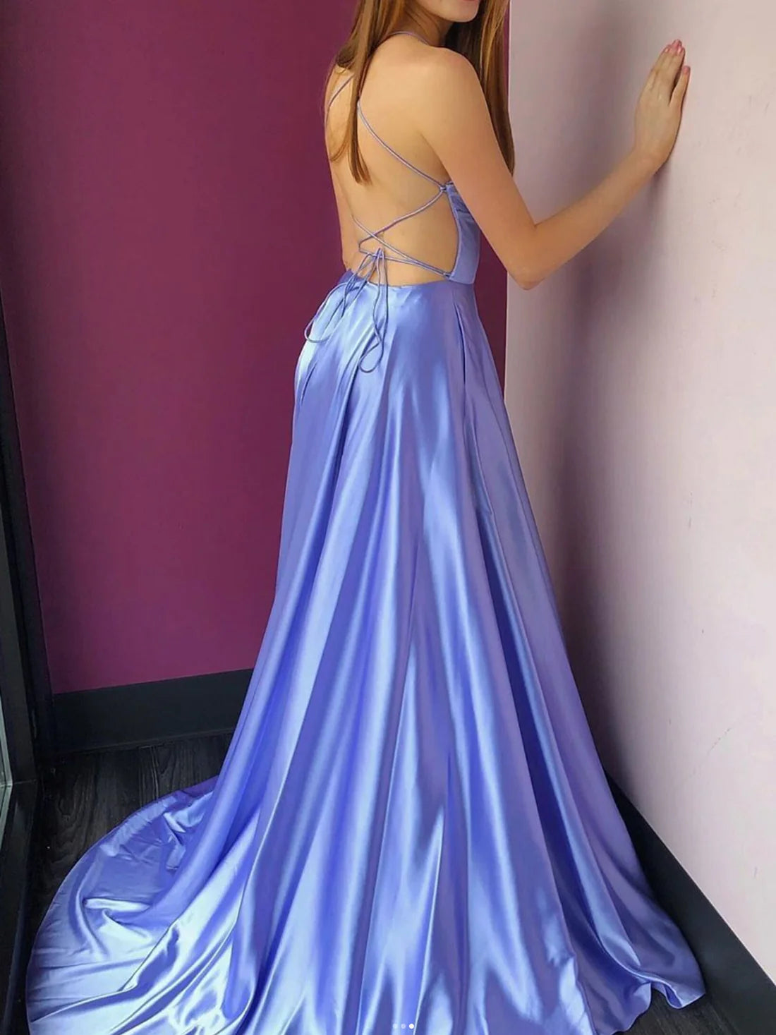Simple v neck backless long prom dress A line evening dress Sexy Party Dress Formal Dress With Slit