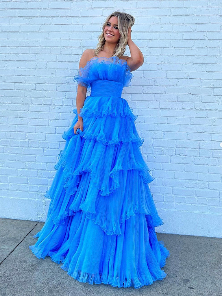 Blue A-Line Long Prom Dress Formal Dress Strapless December Wedding Guest Dress