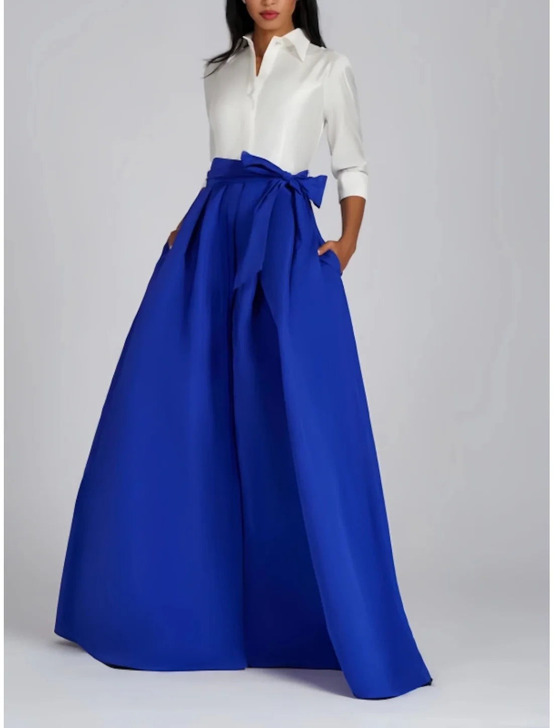 A-Line Evening Gown Party Dress Formal Wedding Guest Floor Length 3/4 Length Sleeve Shirt Collar Satin with Bow(s) Pleats And Slit