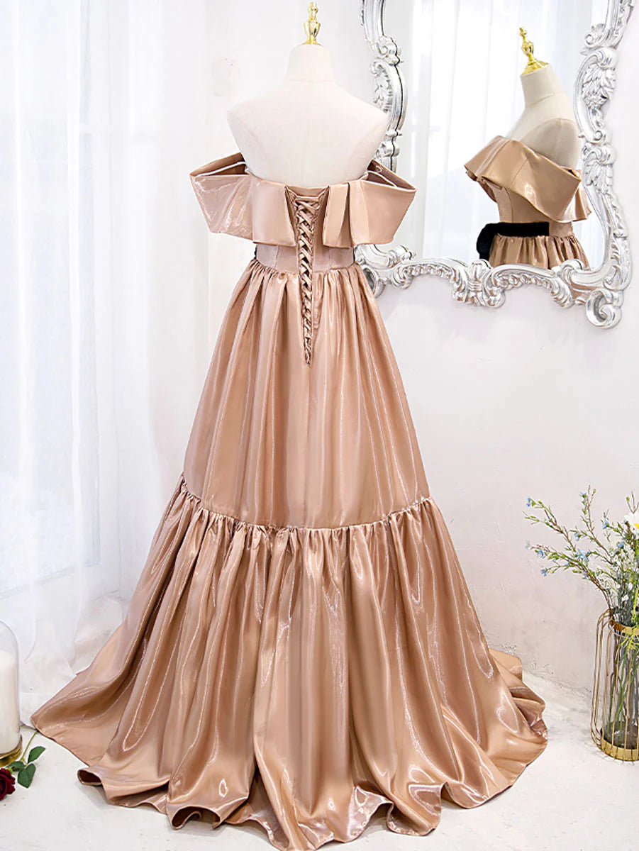 Simple champagne off shoulder long prom dress bridesmaid dress Elegant Evening Dress