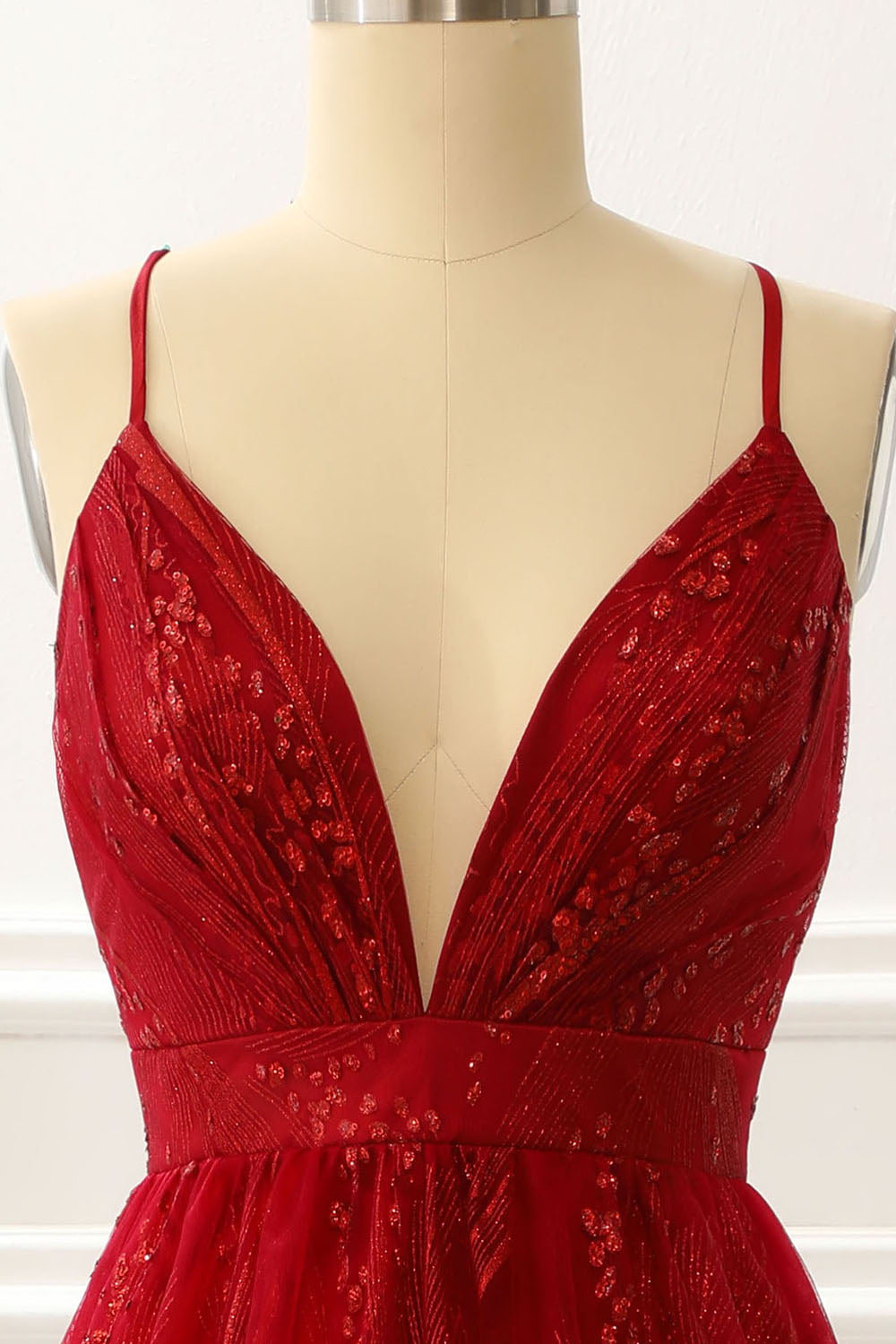 Spaghetti Straps Burgundy A Line Princess Prom Dress V-neck Sexy