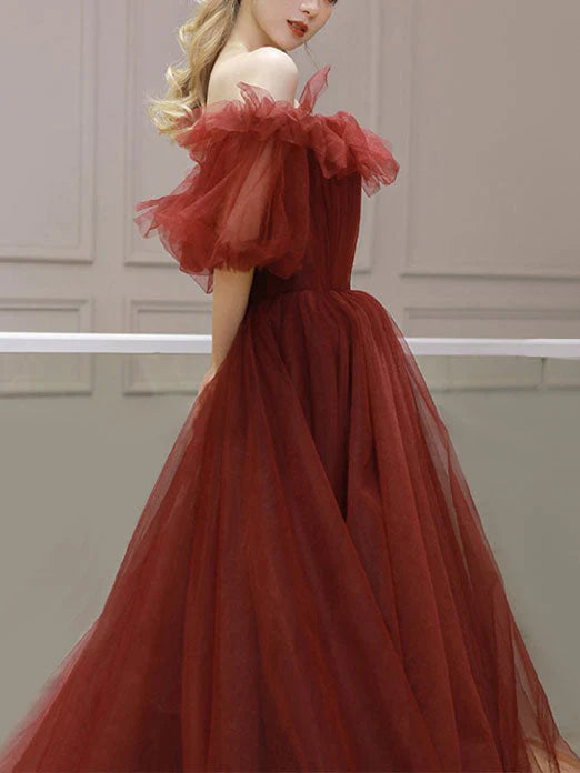 Elegant A Line Tulle Off Shoulder Long Prom Dress Evening Dress Charming Formal Dress
