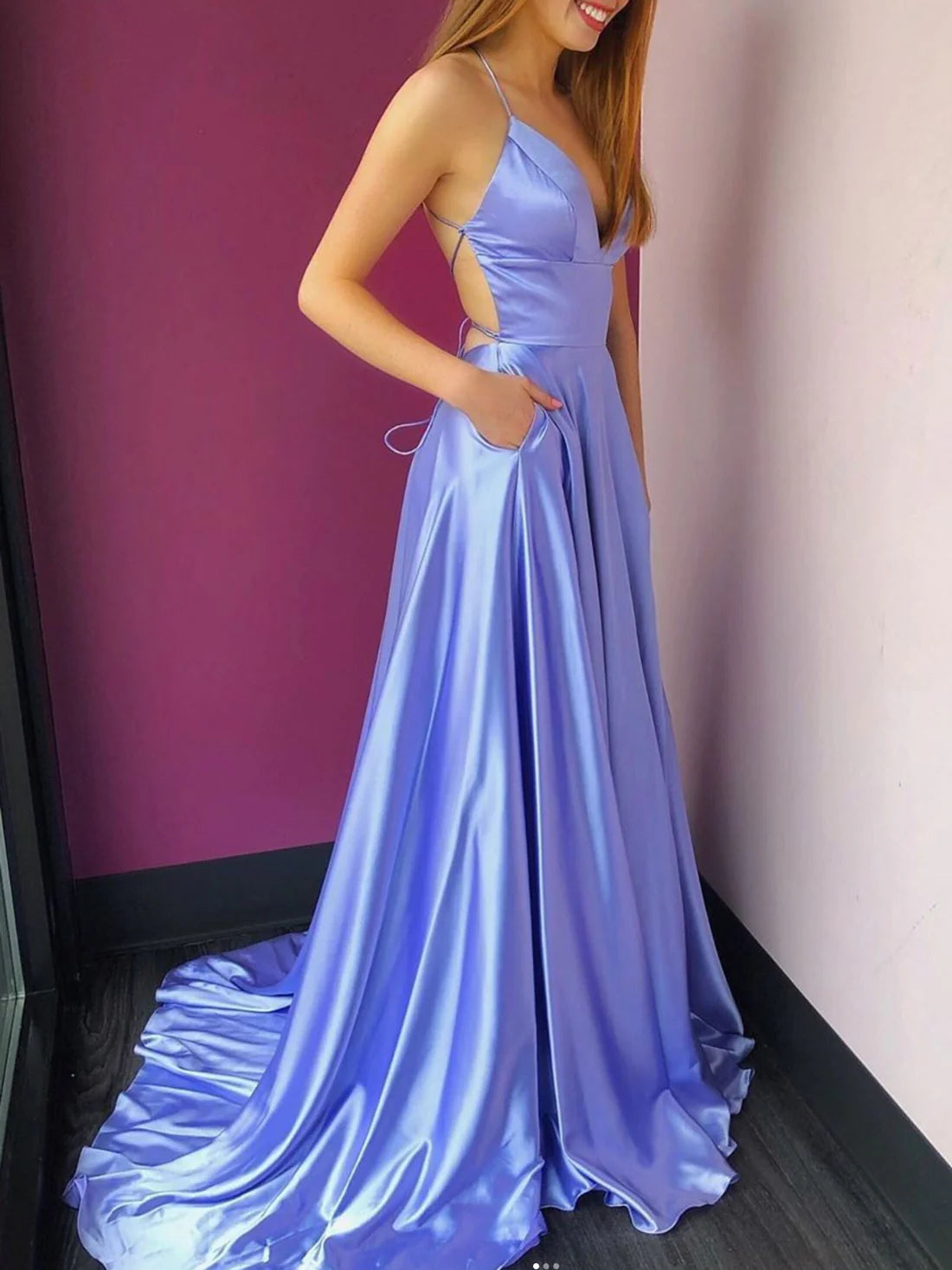 Simple v neck backless long prom dress A line evening dress Sexy Party Dress Formal Dress With Slit