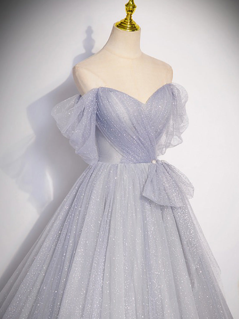 A-Line Off Shoulder Tulle Long Gray Prom Dress Formal Dresses Sparkly Evening Dress