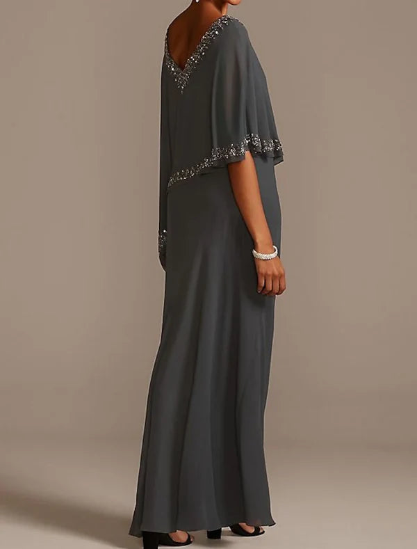 Sheath Mother of the Bride Dress Cape Dress Wedding Guest Elegant V Neck Floor Length Chiffon Half Sleeve with Beading Charcoal Grey