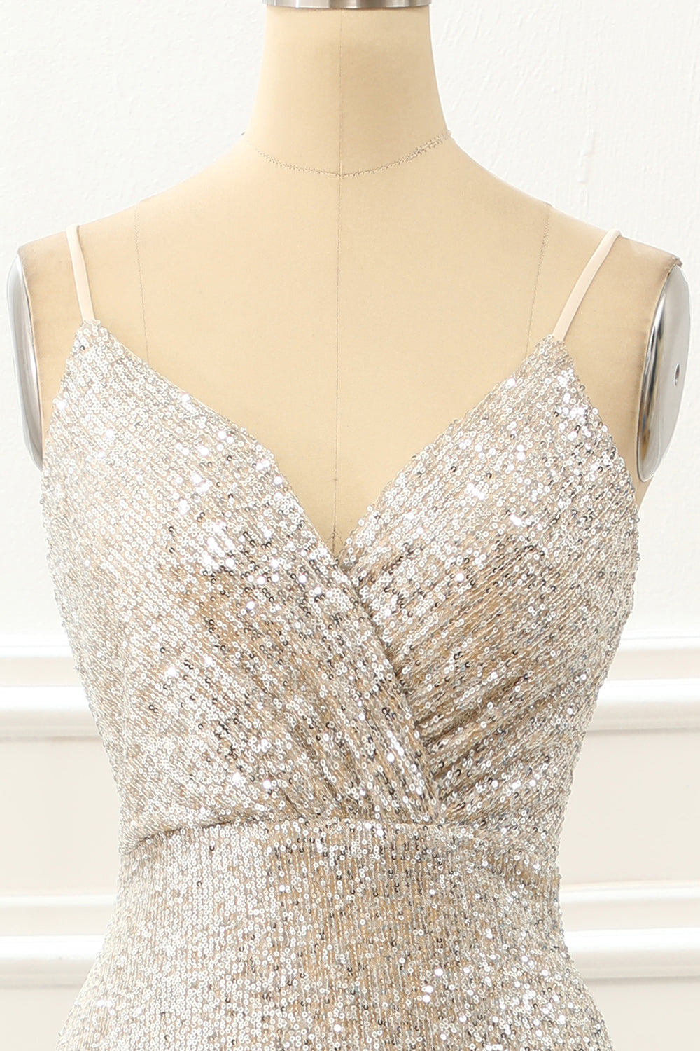 Champagne Mermaid Sequin Prom Dress With Slit V-neck Sexy Sparkly