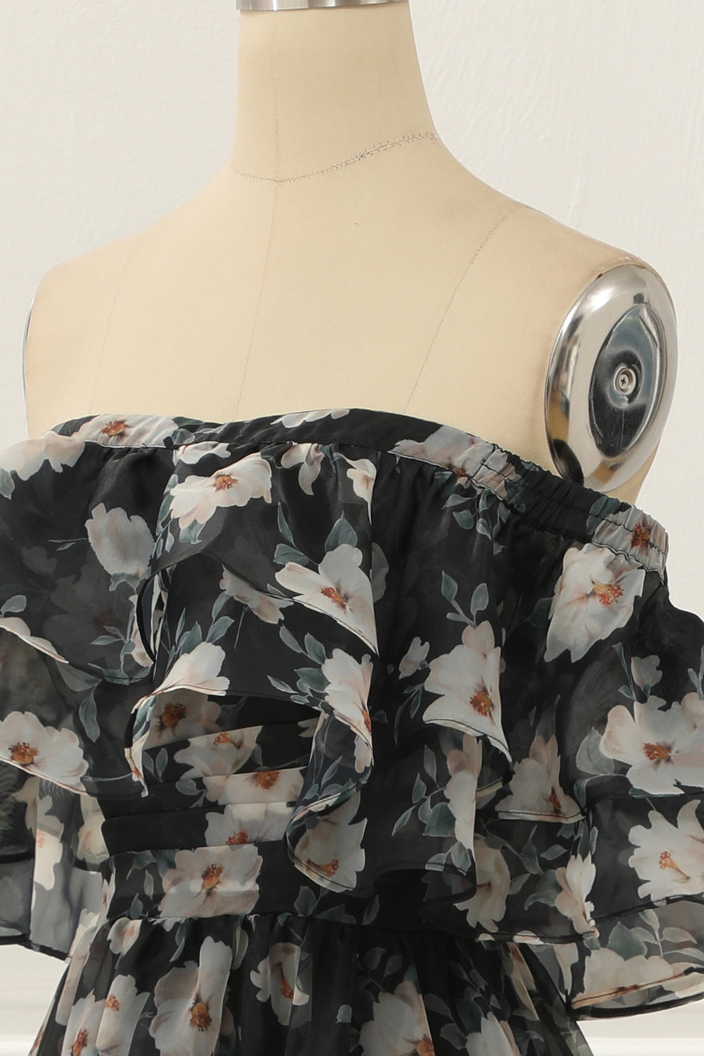 Black Print Off Shoulder A Line Prom Dress With Ruffles Floor Length Beautiful