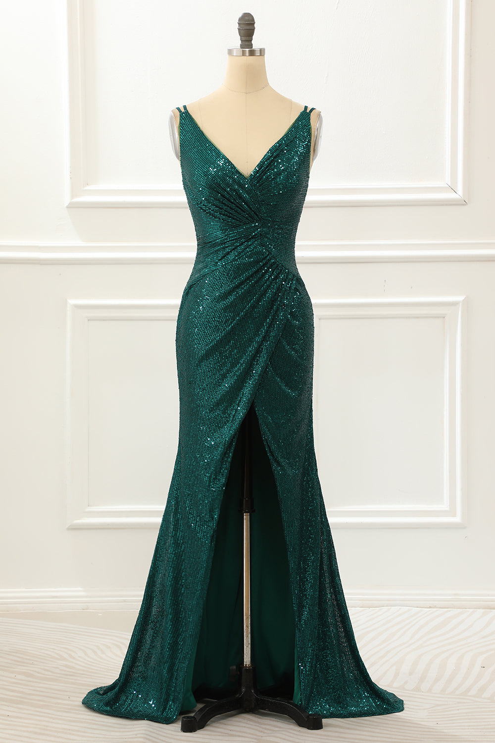 Dark Green Spaghetti Straps Saprkly Prom Dress With Slit V-neck Sexy