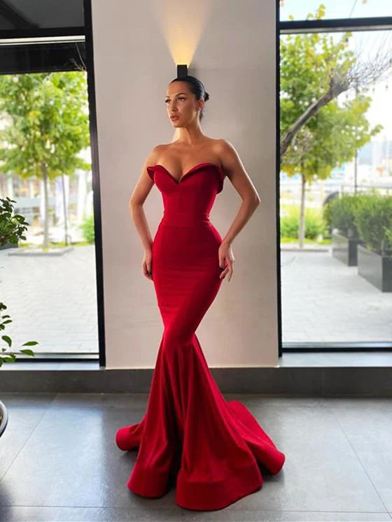 Sweetheart Long Mermaid Red Prom Dresses Off Shoulder Sexy Evening Party Dress