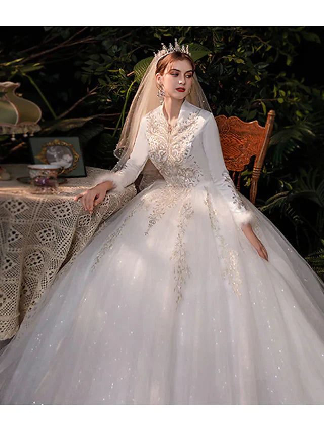Princess Ball Gown Wedding Dresses V Neck Floor Length Lace Tulle Long Sleeve Romantic Sparkle & Shine Luxurious with Appliques
