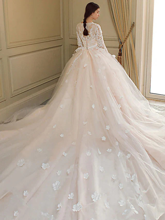 Princess Ball Gown Wedding Dresses Jewel Neck Chapel Train Lace Tulle Long Sleeve Formal Romantic Luxurious with Bow(s) Appliques