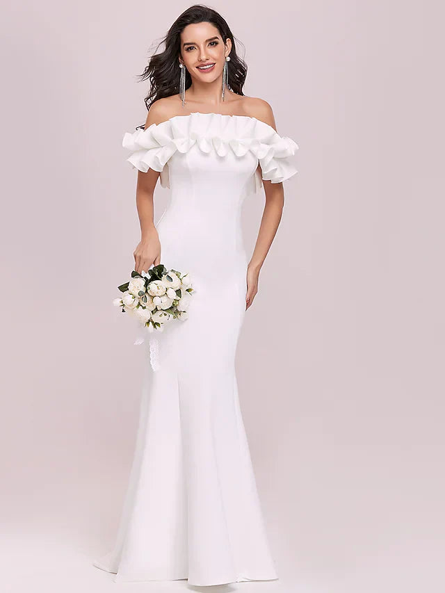 Wedding Dresses  Off Shoulder Stretch Fabric Cap Sleeve Romantic Elegant with Ruffles