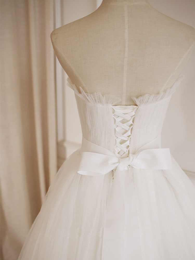 White A-Line Tulle Lace Long Prom Dress Formal Dress Off Shoulder Simple Wedding Dress