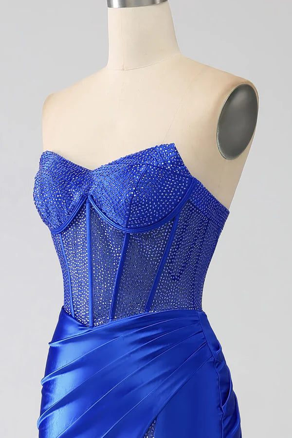 Mermaid Strapless Royal Blue Corset Prom Dress with Beading Sexy Evening Dress
