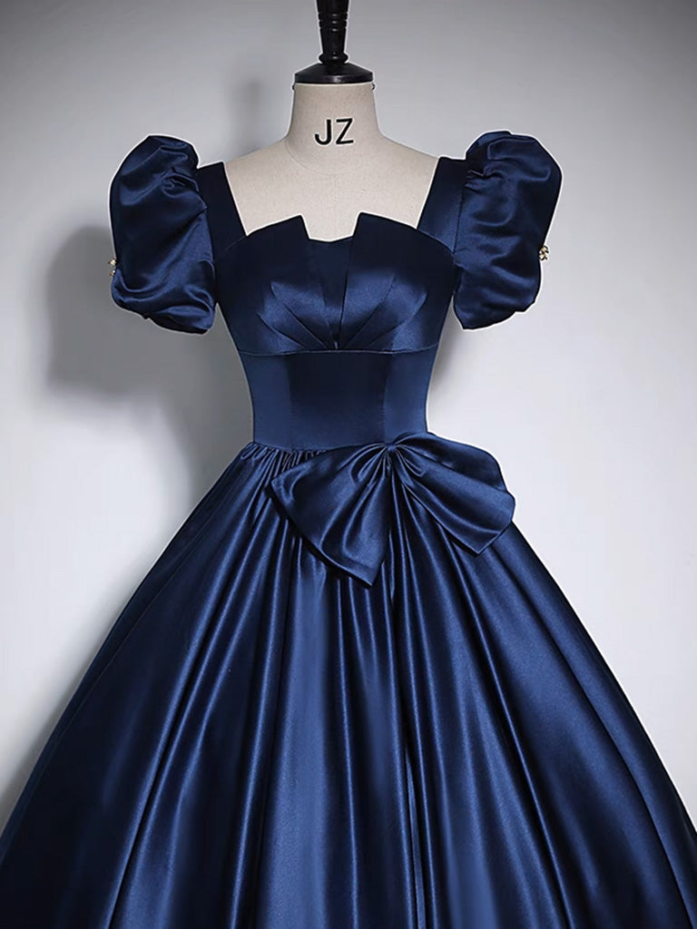 Dark Blue Satin Long Prom Dress Long Evening Dress Short Sleeves Elegant With Bow(s) december wedding guest dress