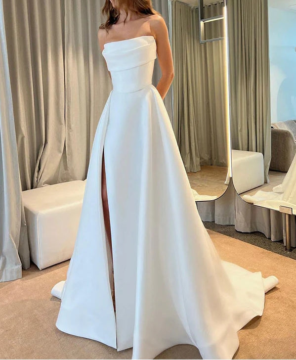 Strapless Sleeveless Court Train Satin Wedding Dresses With Split Front Off Shoulder Simple