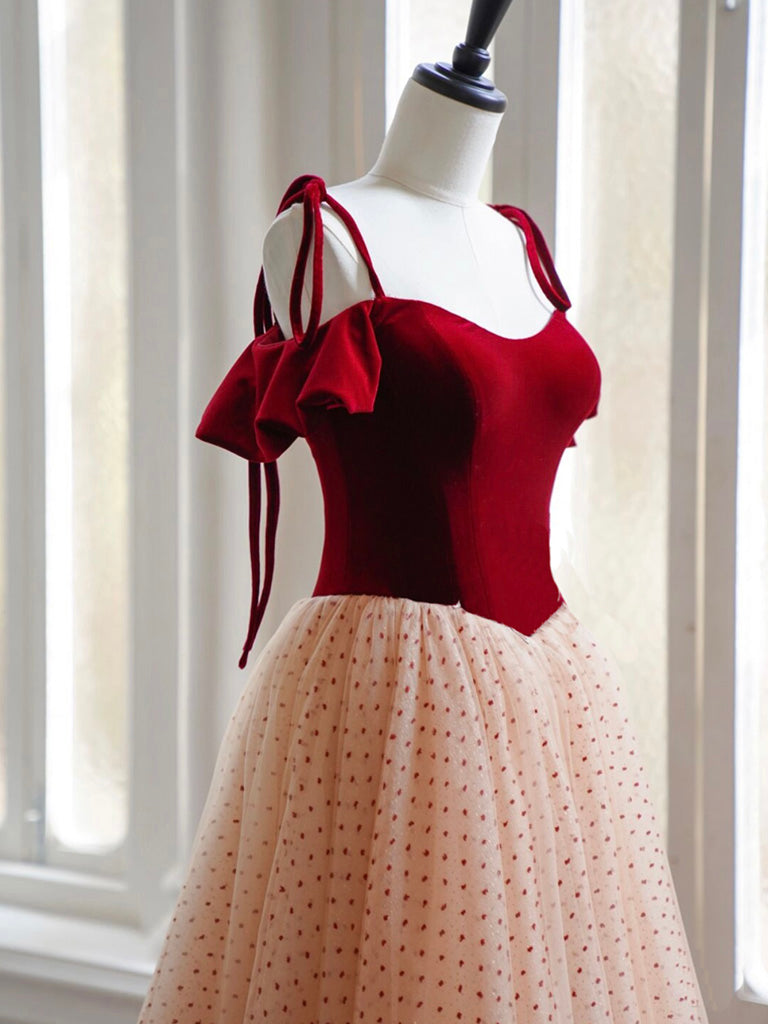 A-Line Burgundy Velvet Tulle Long Prom Dress Formal Dress Elegant Evening Dress december wedding guest dress