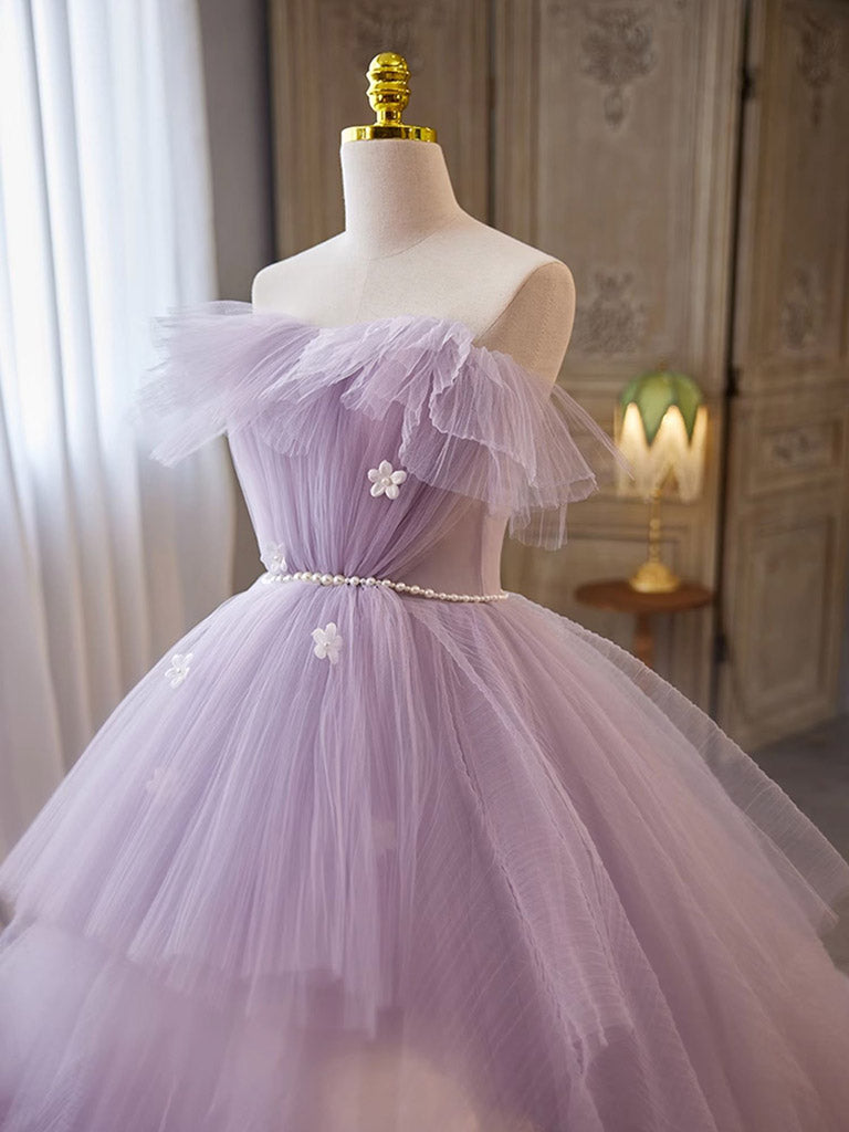 Light Purple A-line Tulle Long Prom Gown Formal Dress Off Shoulder Floor Length With Flowers