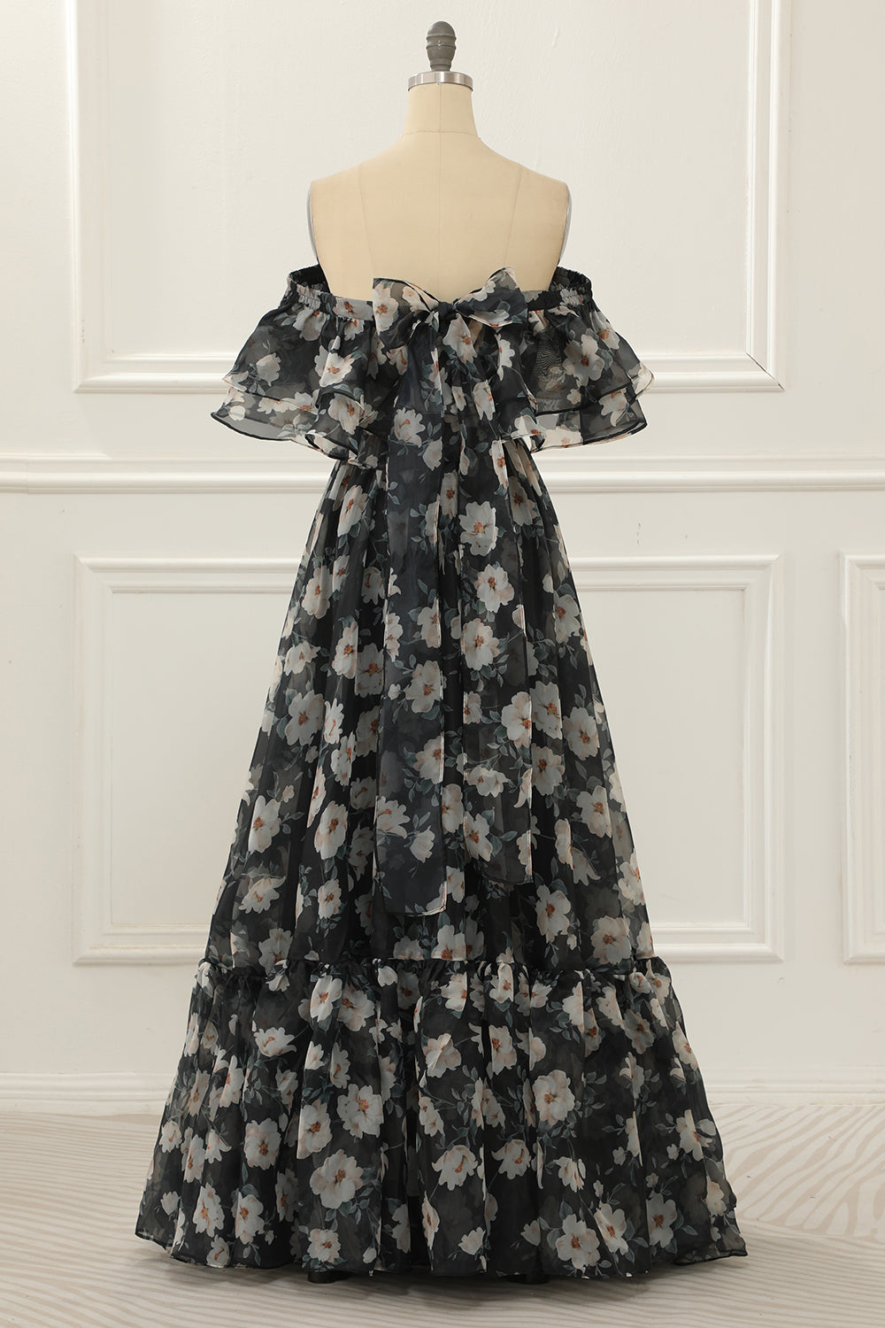 Black Print Off Shoulder A Line Prom Dress With Ruffles Floor Length Beautiful