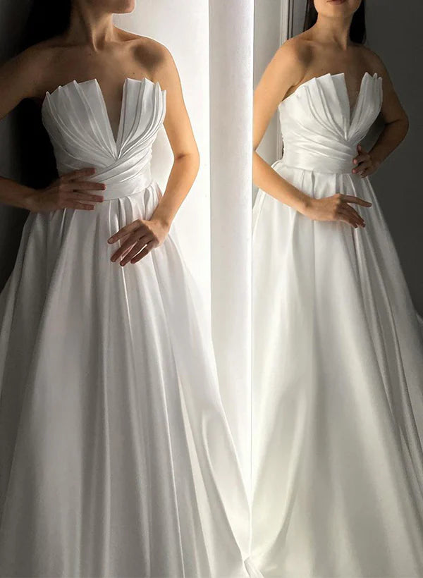 Strapless Sleeveless Satin Wedding Dresses With Ruffle Off Shoulder Floor Length Solid Color Simple