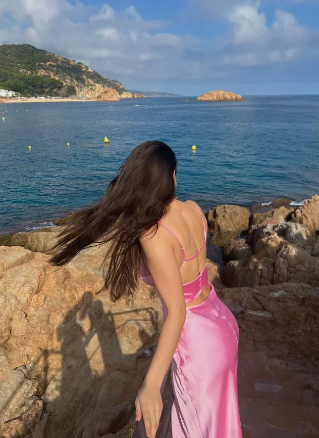 Cute Spaghetti Straps Sleeveless Satin Prom Dress Long Evening Dress Simple Party Dress Formal Dress