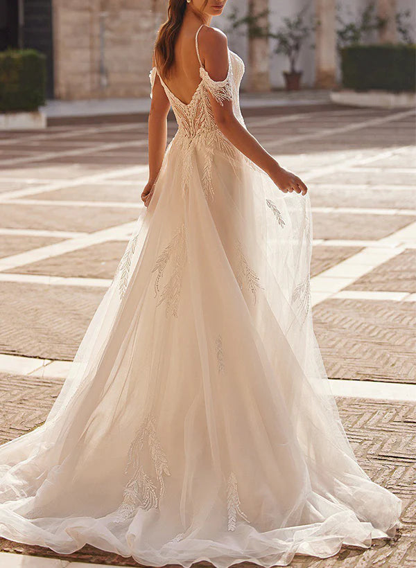 A Line Off-The-Shoulder Tulle Long Wedding Dress With Appliques Lace Elegant Bridal Gown