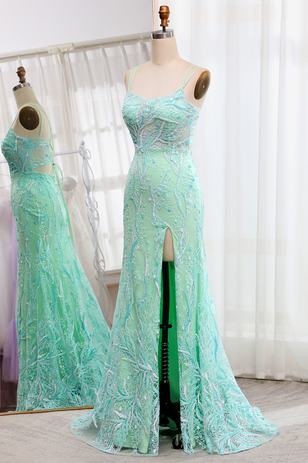 Mermaid Spaghetti Straps Lace-Up Back Sequins Long Prom Dress with Slit Charming Evening Party Dress