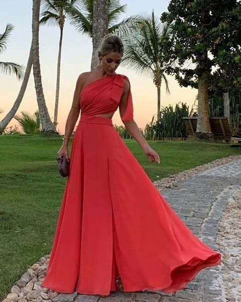 Elegant One Shoulder A-Line Long Party Dress Wedding Guest Dress Evening Dress