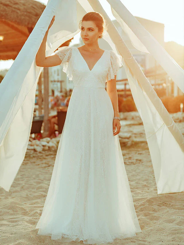 A-Line Wedding Dresses V Neck Floor Length Lace Short Sleeve Simple Casual Boho Illusion Detail Backless