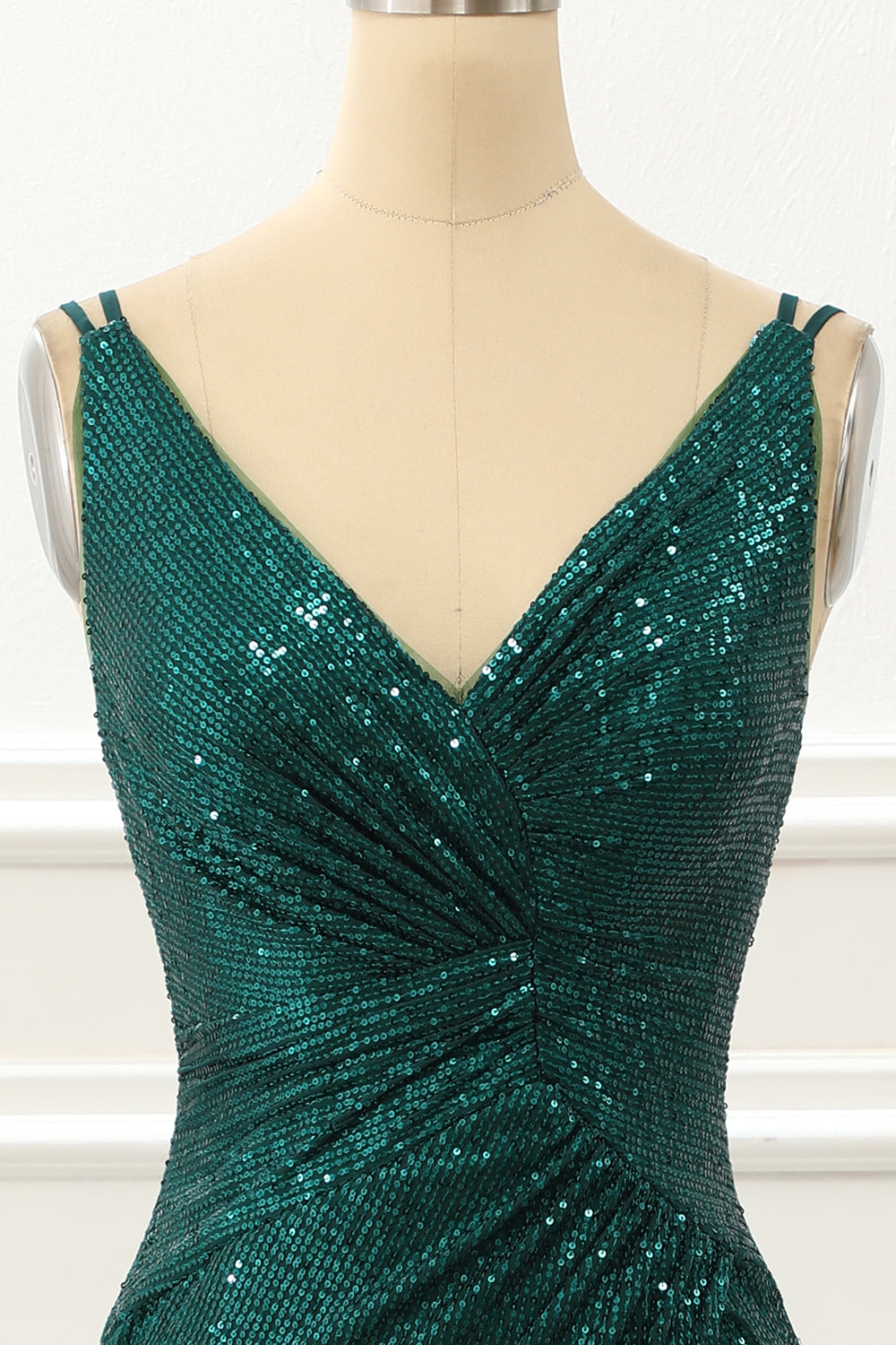 Dark Green Spaghetti Straps Saprkly Prom Dress With Slit V-neck Sexy