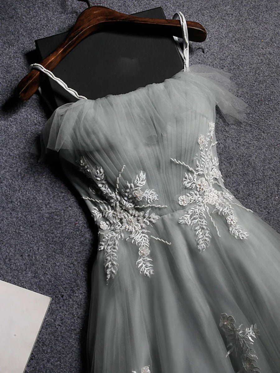 Simple gray tulle lace long prom dress formal dress A Line with Appliques december wedding guest dress