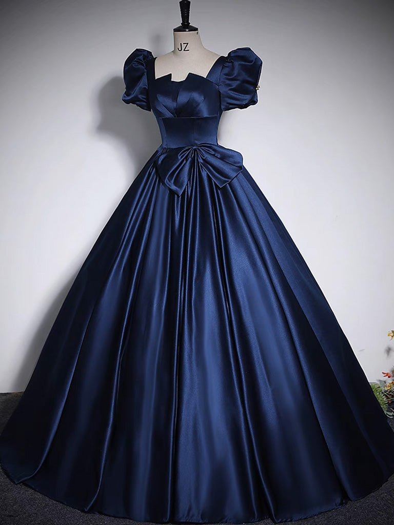 Dark Blue Satin Long Prom Dress Long Evening Dress Short Sleeves Elegant With Bow(s) december wedding guest dress