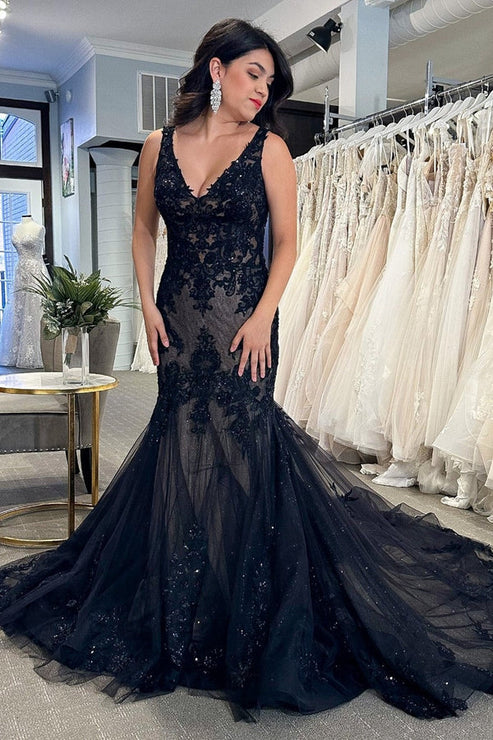 Black Tulle Appliques V-Neck Trumpet Long Wedding Dress Sexy Beautiful