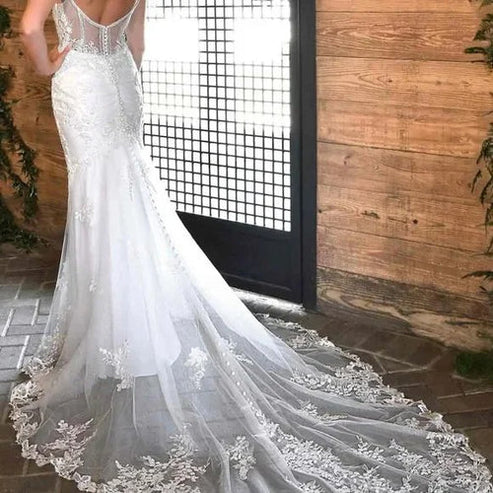 White Mermaid Long Bridal Dress with Appliques Elegant Beautiful Wedding Dress