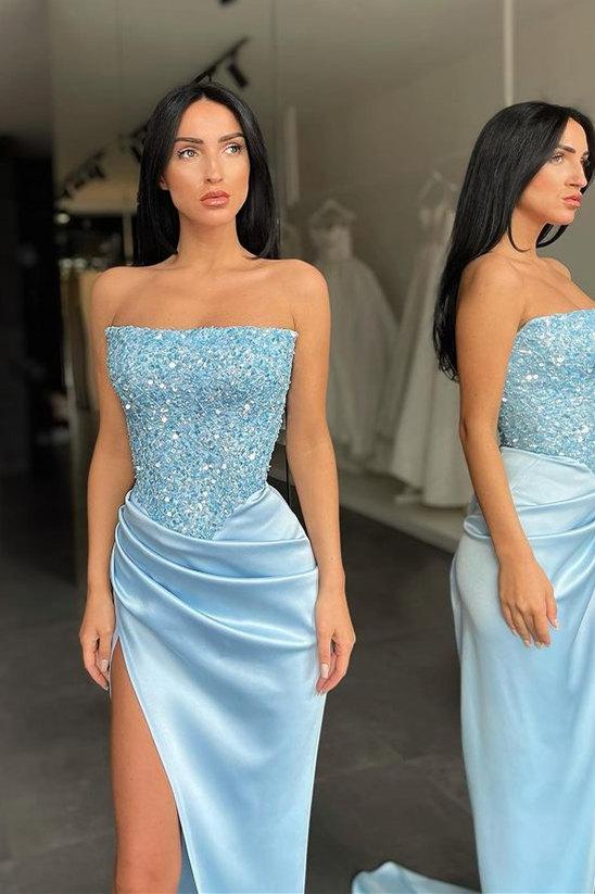 Trendy Sky Blue Strapless Sequin Long Prom Dress with High Slit Charming Evening Party Dress