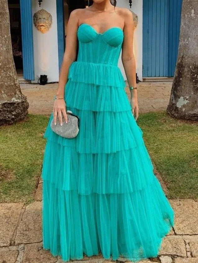 Elegant A Line Strapless Tiered Long Prom Dresses Popular Evening Dresses Charming Wedding Guest Dresses