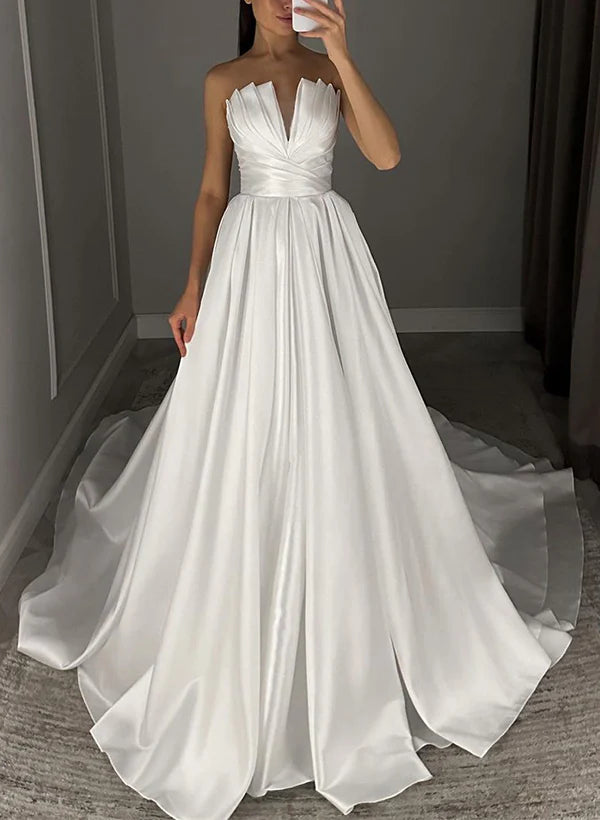 Strapless Sleeveless Satin Wedding Dresses With Ruffle Off Shoulder Floor Length Solid Color Simple
