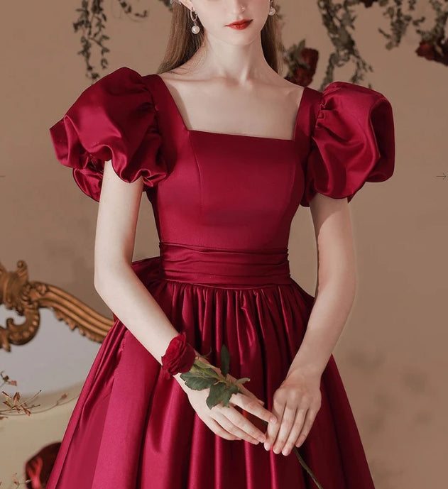 A-Line Satin Tea Length Burgundy Prom Dress Formal Dress Elegant Evening Dress december wedding guest dress