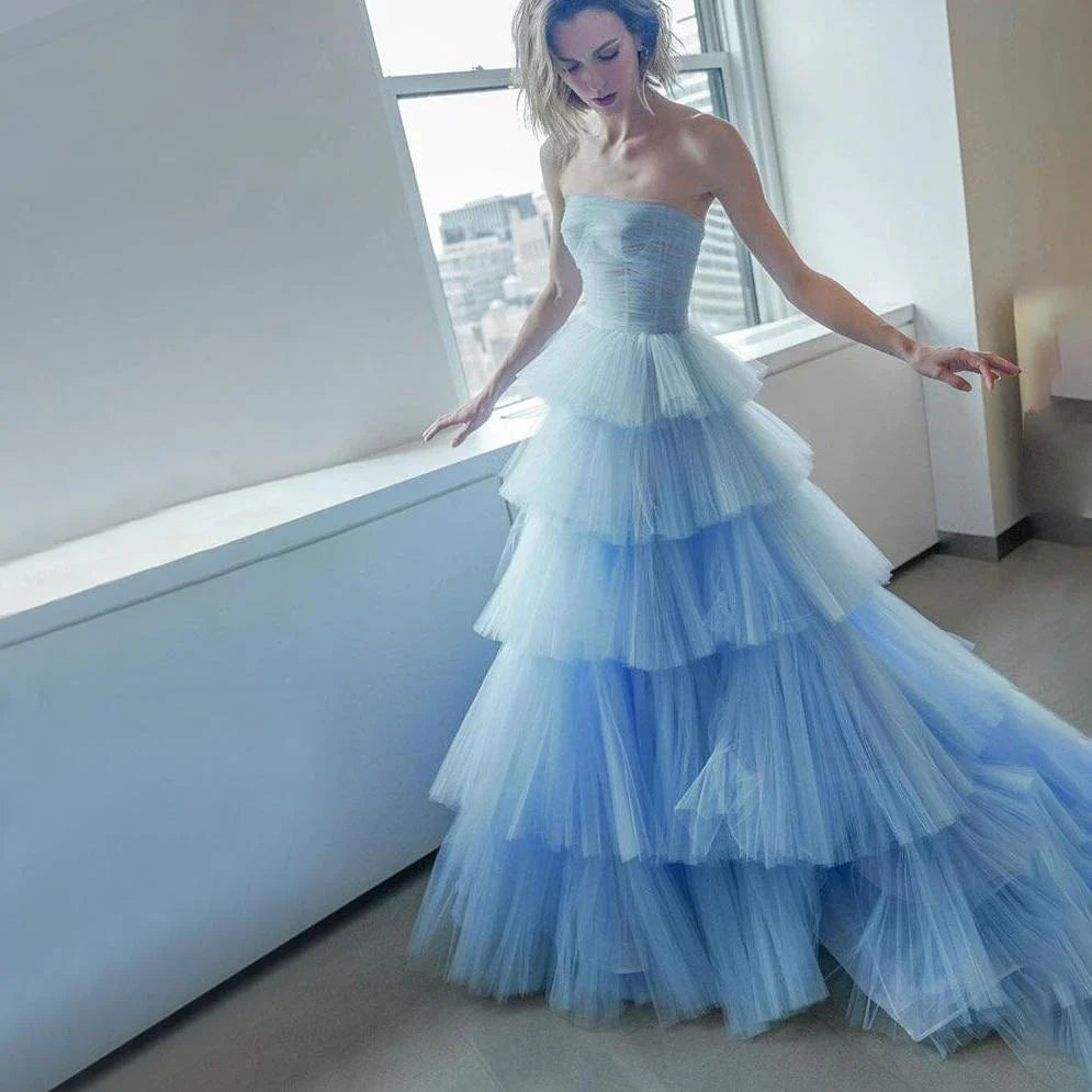 A Line Tiered Tulle Plus Size Strapless Evening Dress Light Blue Charming Long Prom Dresses