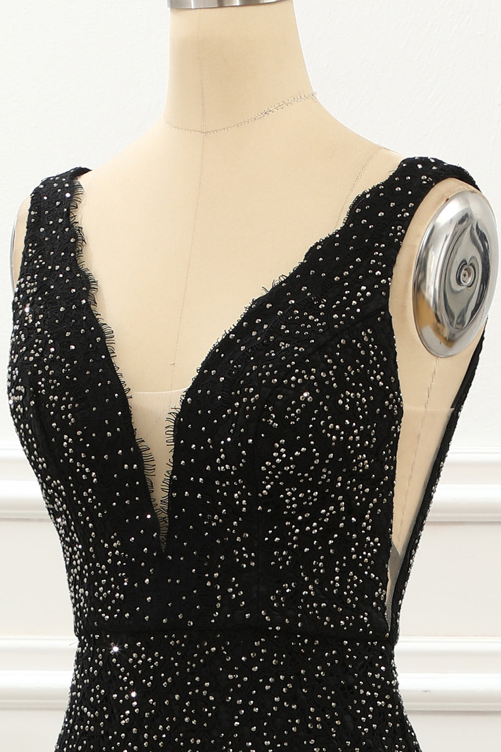 Black Deep V Neck Lace Mermaid Prom Dress With Beading Floor Length Sexy