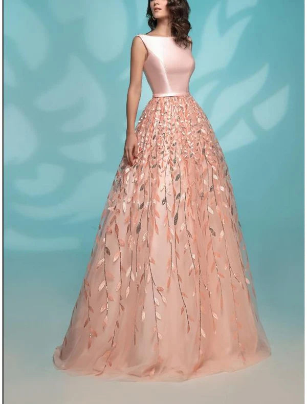 A-Line Evening Gown Minimalist Dress Wedding Guest Wedding Party Floor Length Sleeveless Jewel Neck Lace with Sequin Appliques