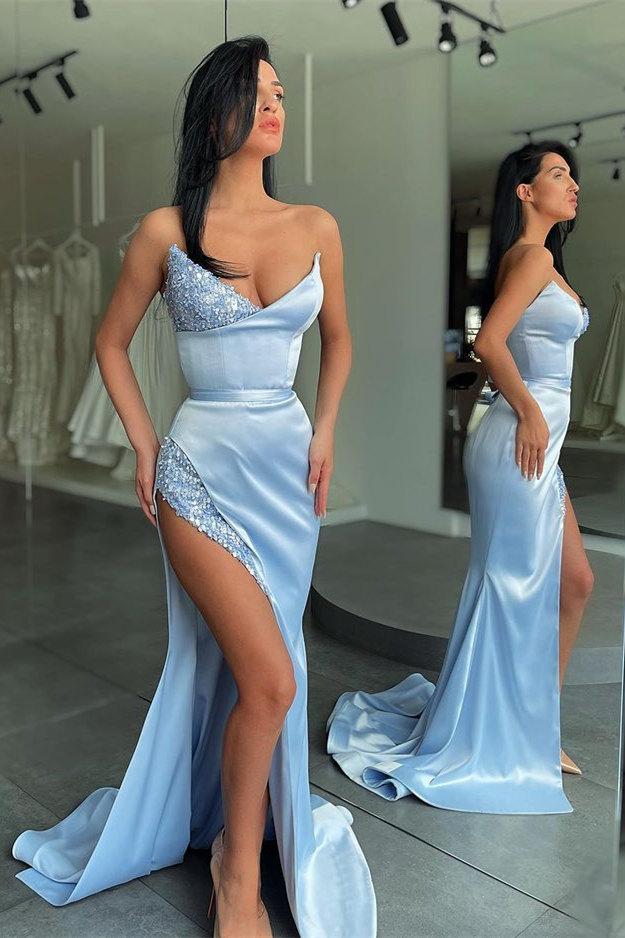 Unique Sky Blue Stapless High-Split Sequined Prom Dress Sexy Evening Dress