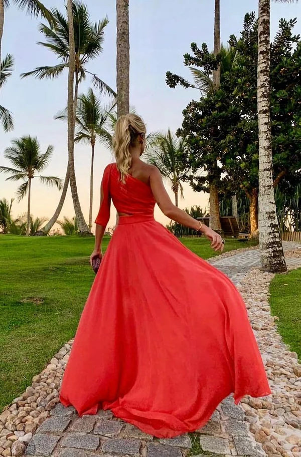 Elegant One Shoulder A-Line Long Party Dress Wedding Guest Dress Evening Dress