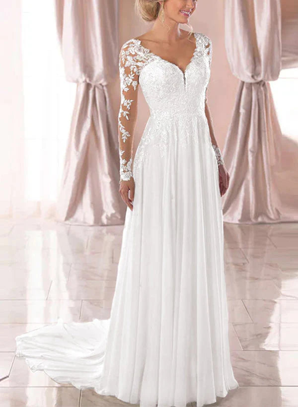 A-Line V-Neck Long Sleeves Chiffon Court Train Wedding Dress With Lace Floor Length Beautiful